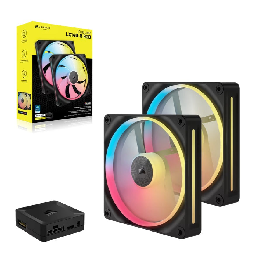 Corsair iCUE LINK LX140-R RGB 140mm PWM Reverse Fans Starter Kit Dual Pack Black — 90.6CFM 2000RPM iCUE LINK Hub