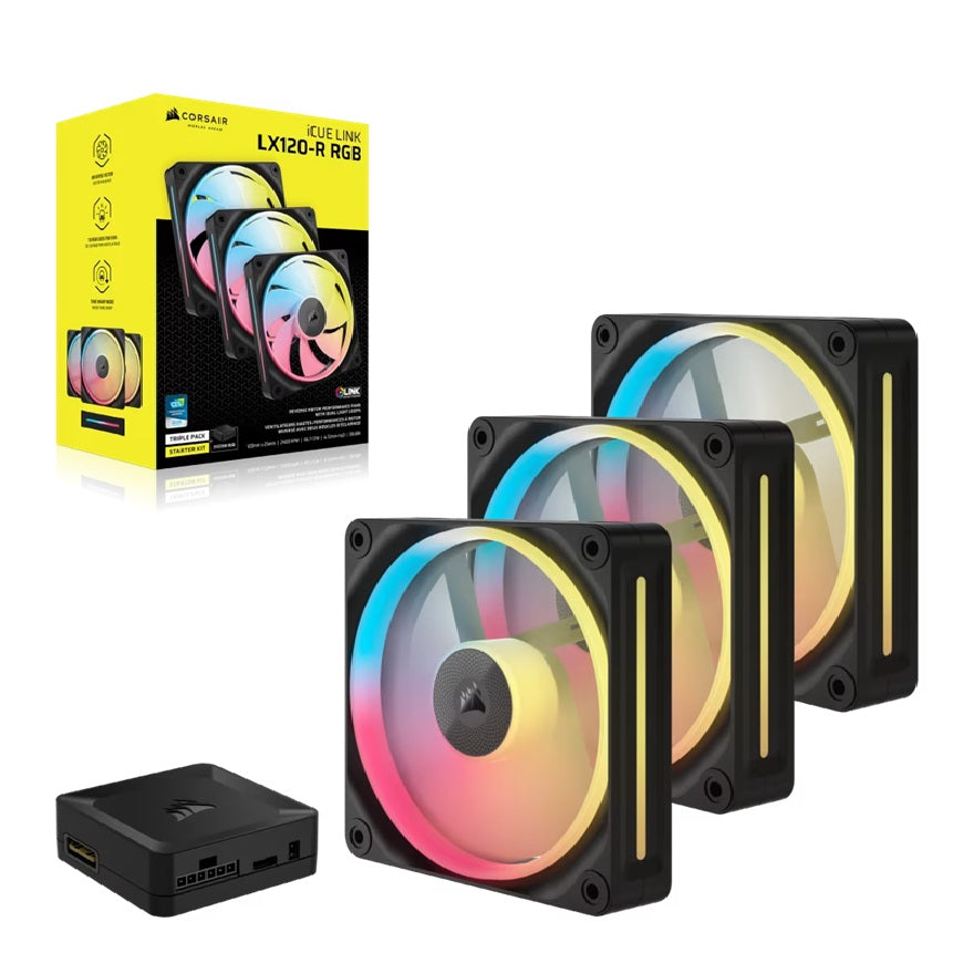 Corsair iCUE LINK LX120-R RGB 120mm PWM Reverse Fans Starter Kit 3-Pack Black — 66.7CFM 2400RPM 37.7dBA iCUE LINK Hub