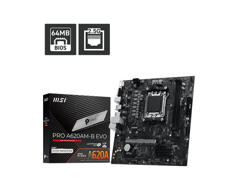MSI PRO A620AM-B EVO ATX AMD AM5 Motherboard 2x DDR5 128GB PCIe 4.0 M.2 2x SATA HDMI VGA 2.5G LAN