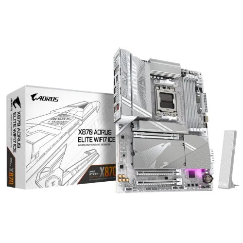 Gigabyte X870 AORUS ELITE WF7 ICE White ATX AMD AM5 Motherboard 4x DDR5 256GB 3x PCIe 4x M.2 4x SATA USB-C Wi-Fi 7