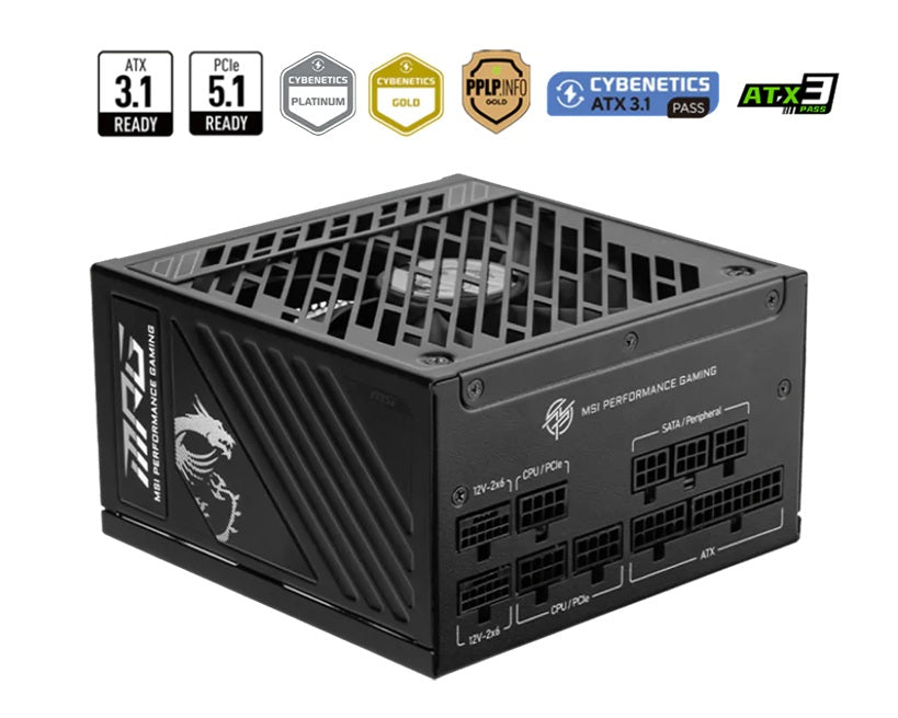 MSI MPG A1250GS PCIe5 1250W 80+ Gold Fully Modular ATX Power Supply 0 RPM Mode Active PFC