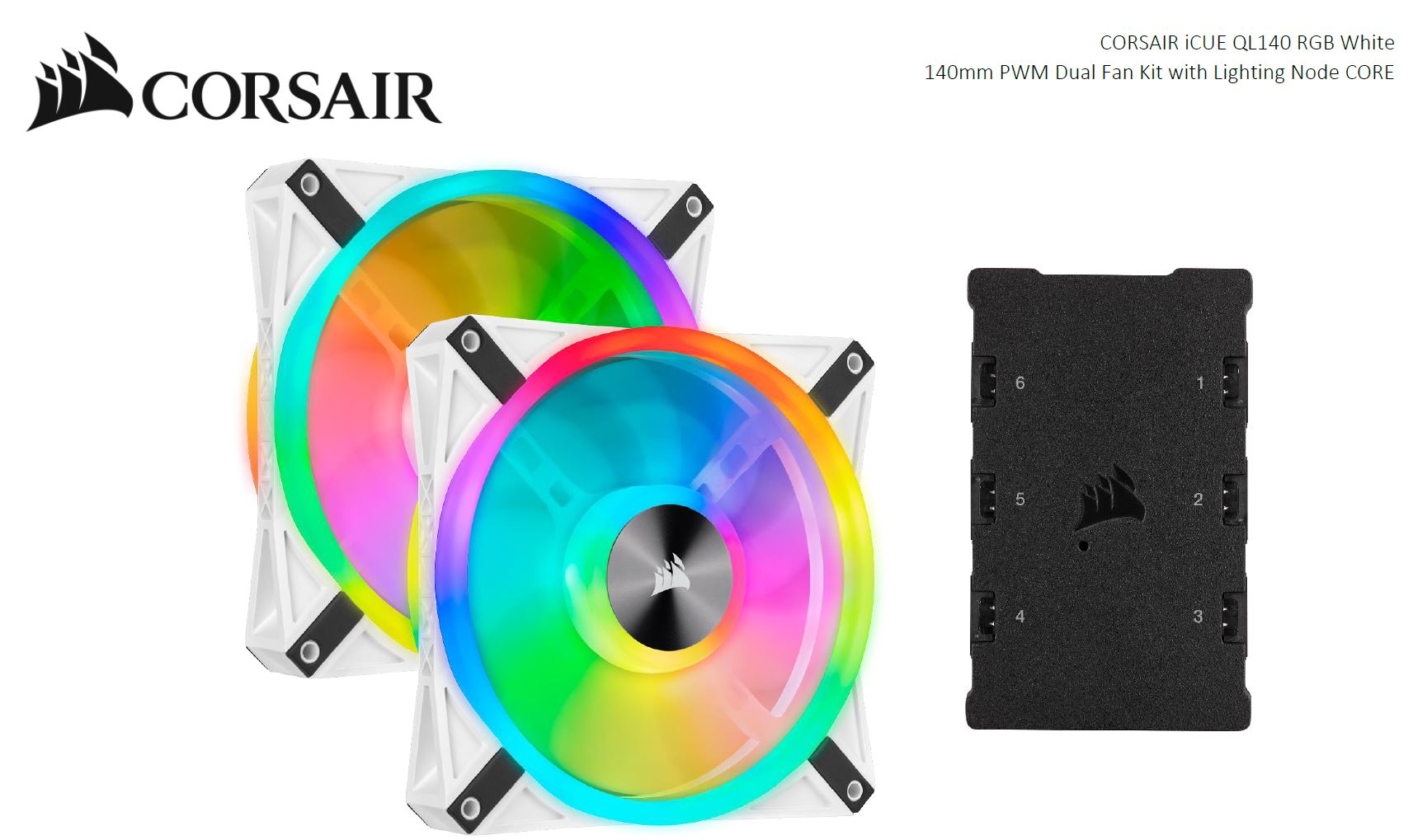 Corsair QL140 RGB White 140mm PWM Fans Dual Pack with Lighting Node Core — 50.2CFM 26dBA iCUE