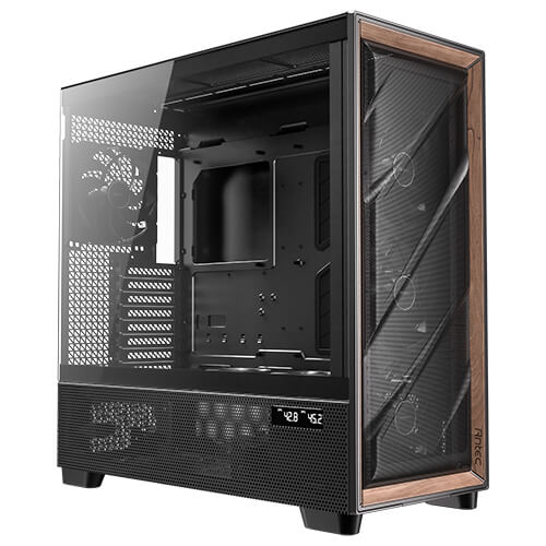 Antec Flux PRO Black E-ATX Premium Walnut Case Iunity Temp Display CPU/GPU LED 6x Fans ARGB PSU Shift