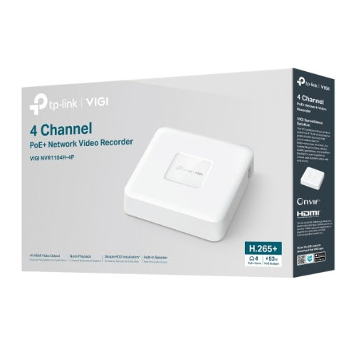 TP-Link VIGI NVR1104H-4P 4 Channel PoE+ Network Video Recorder — 4K HDMI 16MP Decoding 24/7 Recording (HDD Not Included)