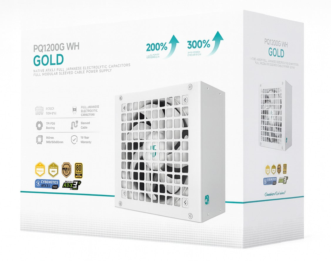 DeepCool PQ1200G WH 1200W 80+ Gold Fully Modular White ATX Power Supply 120mm Fan Japanese Capacitors