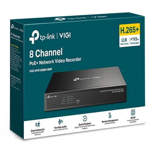 TP-Link VIGI NVR1008H-8MP 8 Channel PoE+ Network Video Recorder — 113W PoE Budget 4K Output 16MP H.265+ (HDD Not Included)