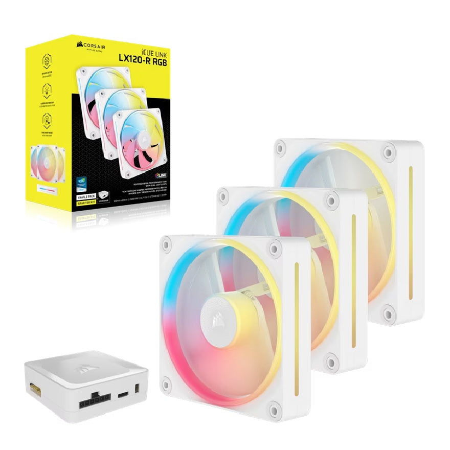 Corsair iCUE LINK LX120-R RGB 120mm PWM Reverse Fans Starter Kit 3-Pack White — 66.7CFM 2400RPM 37.7dBA iCUE LINK Hub