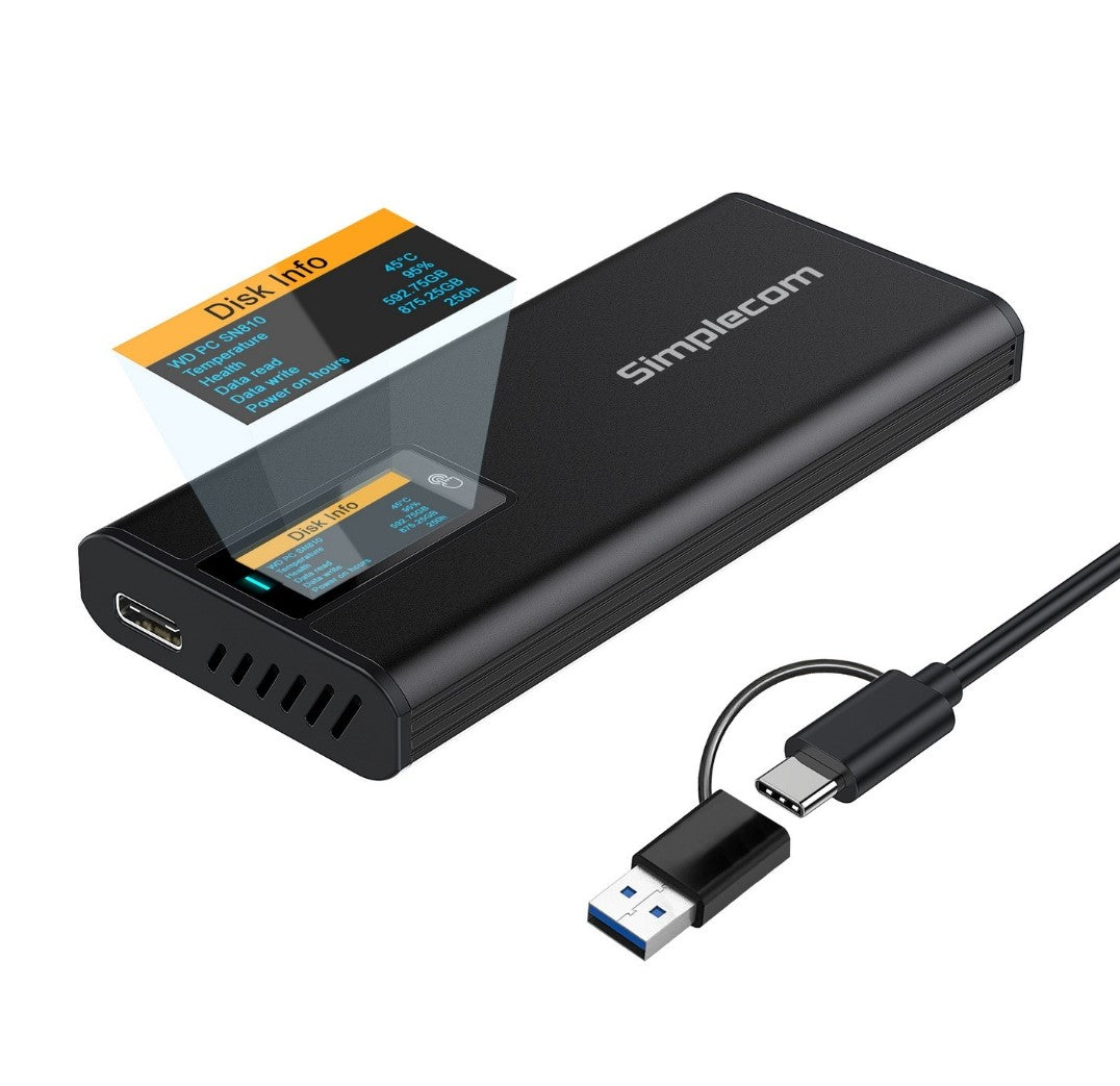 Simplecom SE530 NVMe SATA M.2 SSD to USB-C Enclosure with SMART LED Screen USB 3.2 Gen2 10Gbps