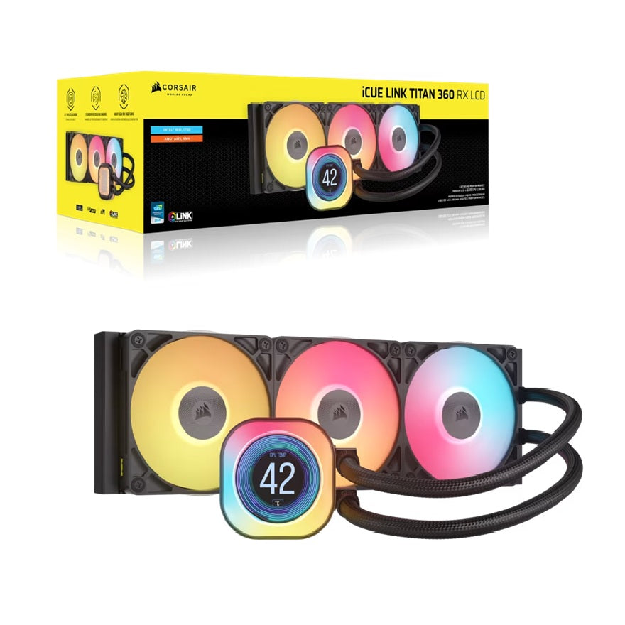 Corsair iCUE LINK TITAN 360 RX LCD Black 360mm AIO Liquid CPU Cooler LCD Pump 73.5CFM 2100RPM 36dB Intel AMD