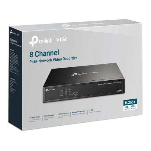 TP-Link VIGI NVR1008H-8P 8 Channel PoE+ Network Video Recorder — 53W PoE Budget 4K Output 16MP Decoding H.265+ (HDD Not Included)