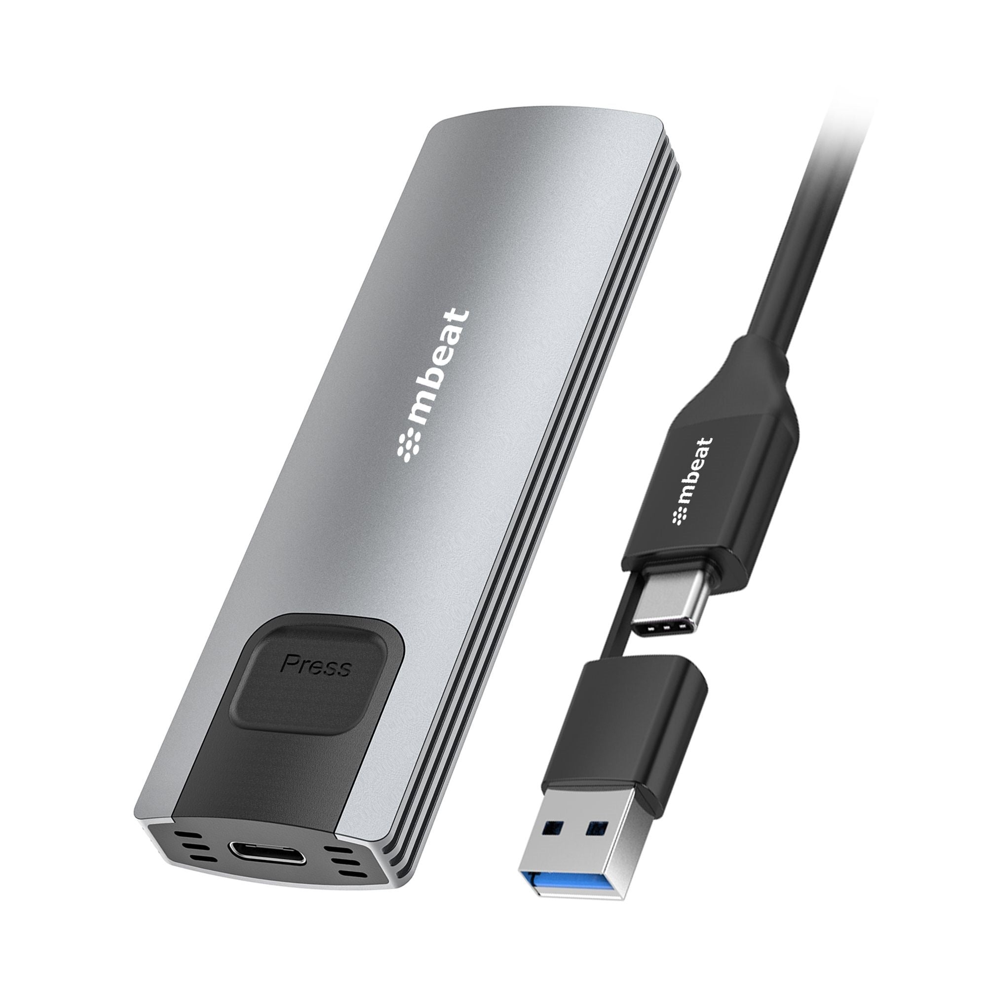 mbeat 10Gbps M.2 NVMe SATA SSD Enclosure up to 4TB USB-C with 2-in-1 Cable Grey