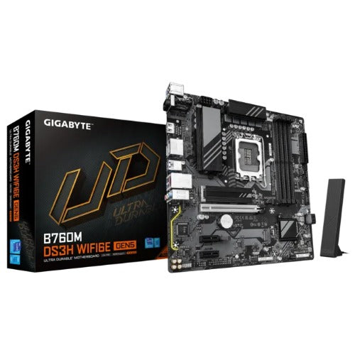 Gigabyte B760M DS3H WIFI6E GEN5 Micro-ATX Intel B760 LGA1700 Motherboard — DDR5 Wi-Fi 6E 4-Slot 256GB Dual M.2