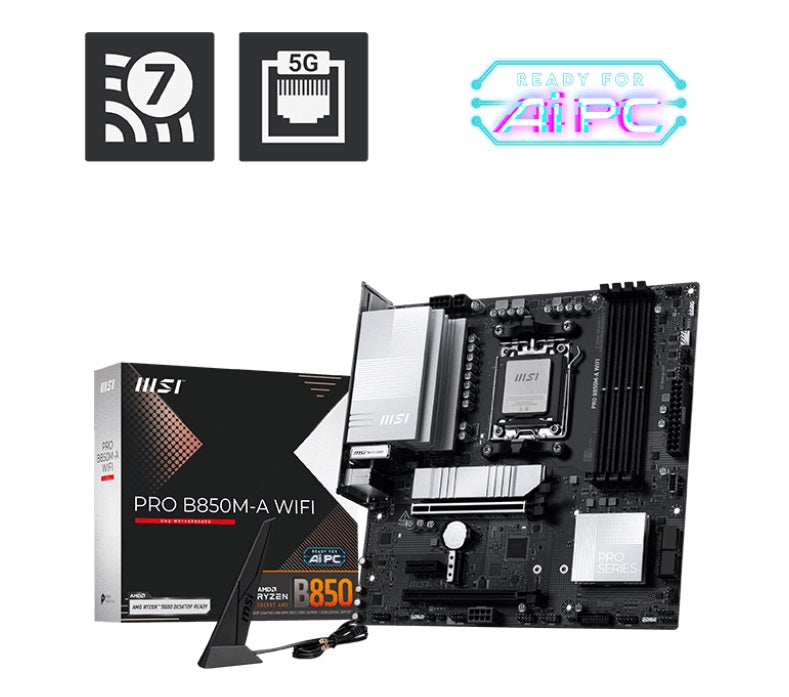 MSI PRO B850M-A WIFI Micro-ATX AMD AM5 Motherboard 4x DDR5 256GB PCIe x16 3x M.2 3x USB-C Wi-Fi 7