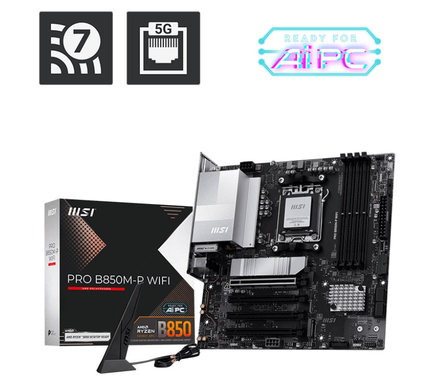 MSI PRO B850M-P WIFI Micro-ATX AMD AM5 Motherboard 4x DDR5 256GB PCIe x16 3x M.2 3x USB-C Wi-Fi 7