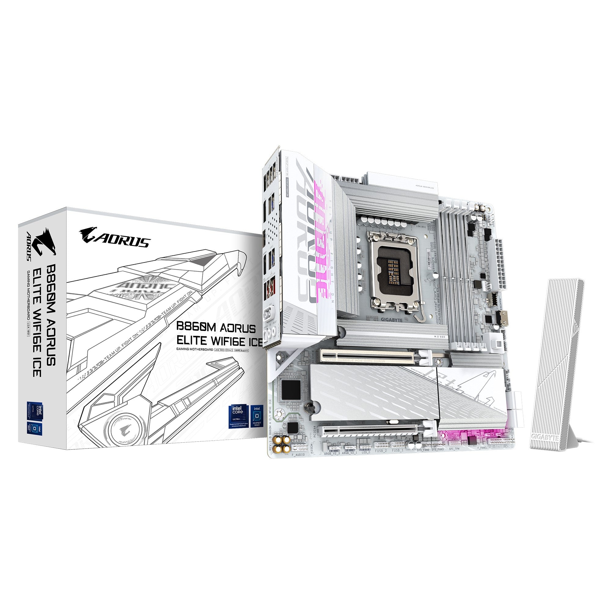 Gigabyte B860M A ELITE WIFI6E ICE Micro-ATX Intel B860 LGA1851 Motherboard — DDR5 Wi-Fi 6E 3xM.2 White