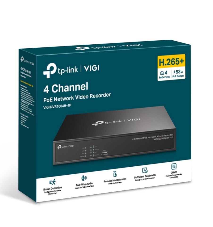 TP-Link VIGI NVR1004H-4P 4 Channel PoE+ Network Video Recorder — 4K HDMI 16MP Decoding 24/7 Recording (HDD Not Included)