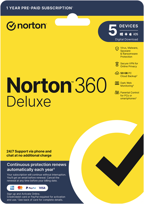 Norton 360 Deluxe 50GB AU 1 User, 5 Devices, 12 Months, Digital Key via Email