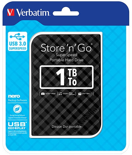 Verbatim Store'n'Go 1TB 2.5" USB 3.0 Portable External Hard Drive Black Grid Design with Nero Backup Software