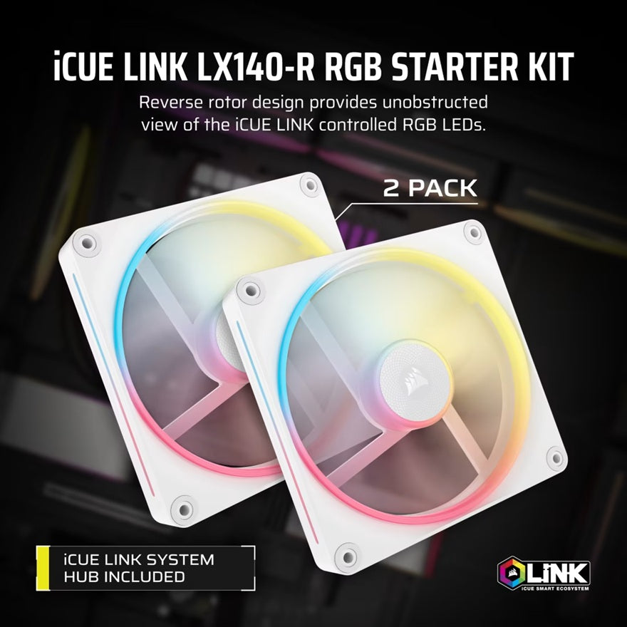 Corsair iCUE LINK LX140-R RGB 140mm PWM Reverse Fan White Starter Kit Dual Pack 90.6CFM 2000RPM