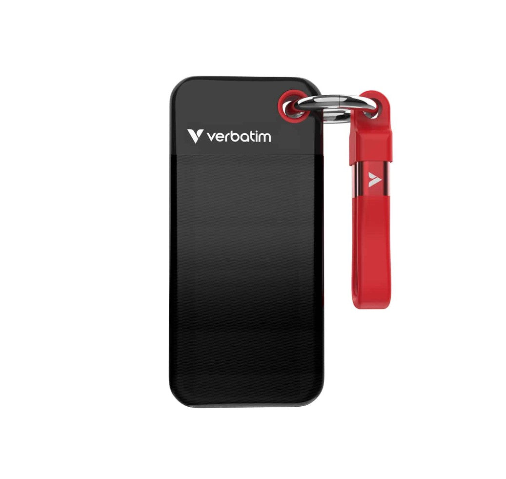 Verbatim Pocket SSD 1TB USB 3.2 Gen2 Black Red Keyring Cable Holder Compact Rugged 58g