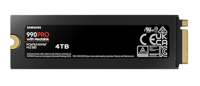 Samsung 990 Pro 4TB M.2 2280 PCIe Gen4 NVMe SSD with Heatsink — 7450MB/s Read 6900MB/s Write PS5 5YR