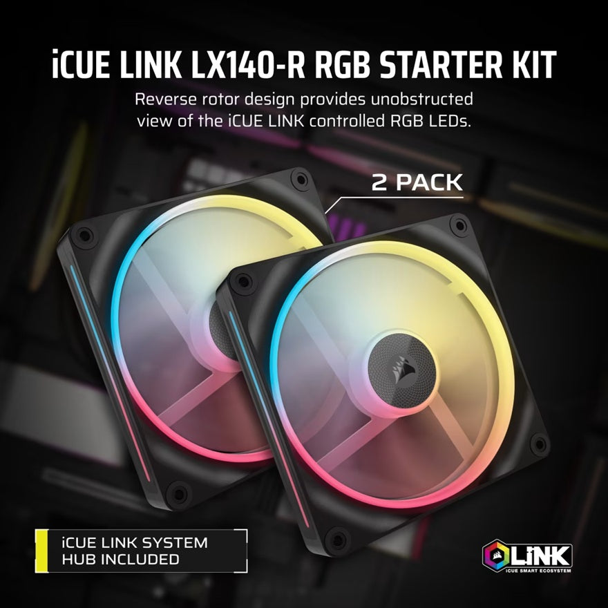Corsair iCUE LINK LX140-R RGB 140mm PWM Reverse Fans Starter Kit Dual Pack Black — 90.6CFM 2000RPM iCUE LINK Hub