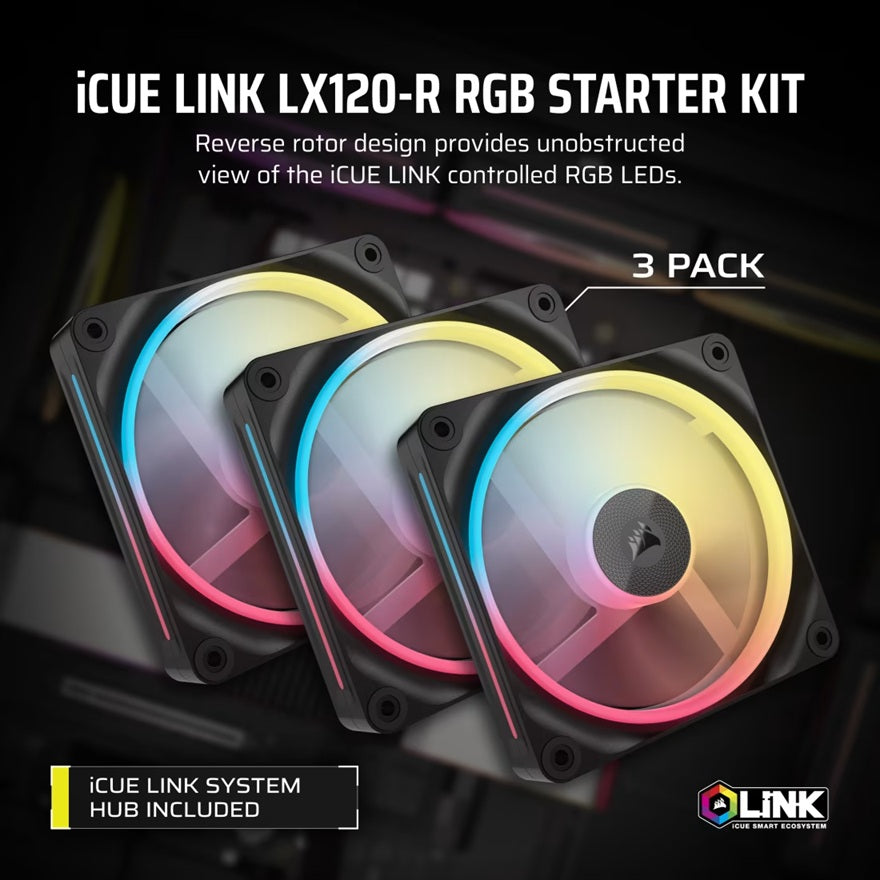 Corsair iCUE LINK LX120-R RGB 120mm PWM Reverse Fans Starter Kit 3-Pack Black — 66.7CFM 2400RPM 37.7dBA iCUE LINK Hub