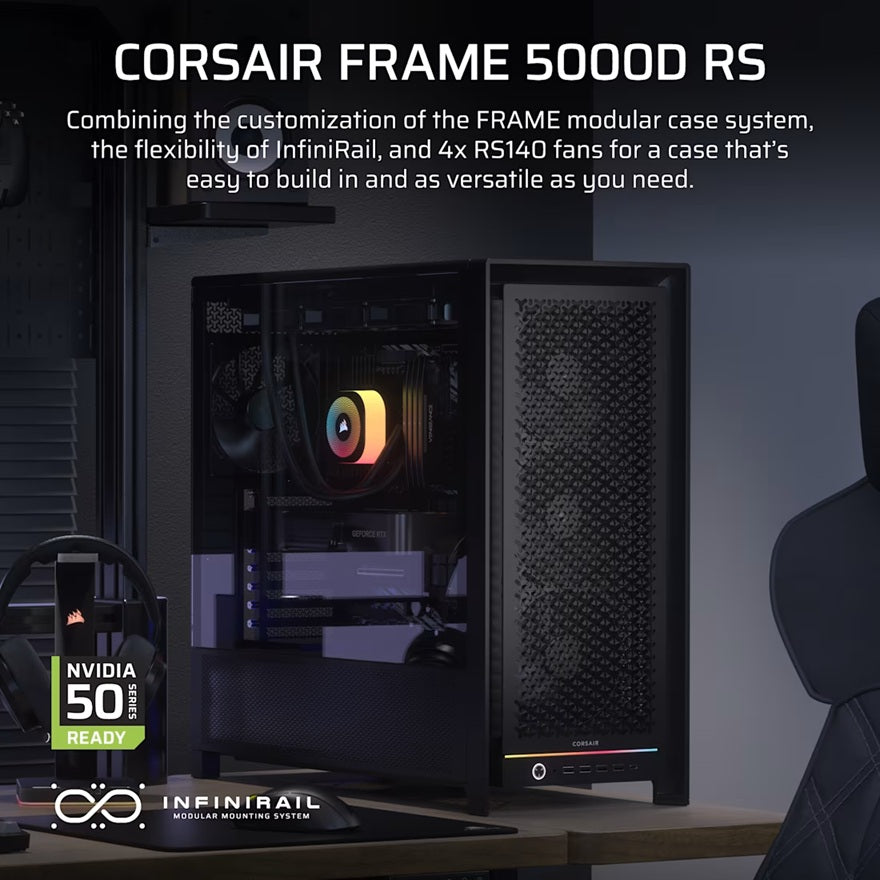 Corsair FRAME 5000D RS Black ATX High Airflow Mid-Tower Case GPU 450mm CPU 175mm 4x RS140 Fans USB-C