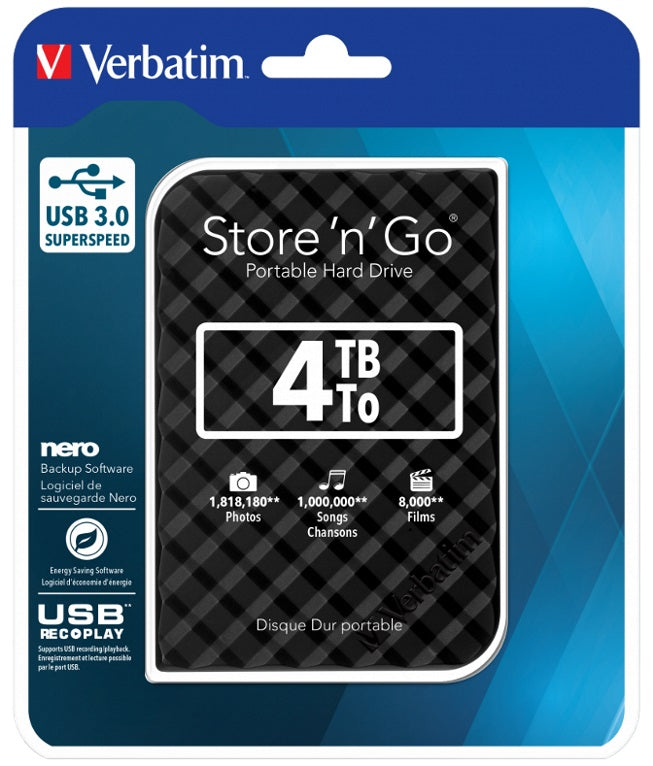 Verbatim Store'n'Go 4TB 2.5" USB 3.0 Portable External Hard Drive Black Grid Design
