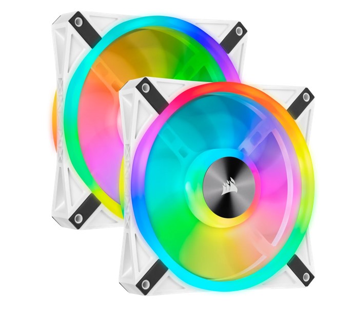 Corsair QL140 RGB White 140mm PWM Fans Dual Pack with Lighting Node Core — 50.2CFM 26dBA iCUE