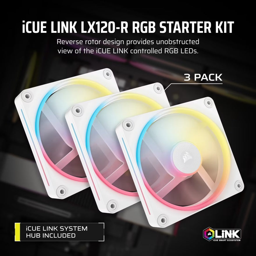 Corsair iCUE LINK LX120-R RGB 120mm PWM Reverse Fans Starter Kit 3-Pack White — 66.7CFM 2400RPM 37.7dBA iCUE LINK Hub