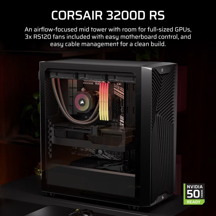 Corsair 3200D RS Black ATX mATX ITX Mid-Tower Tempered Glass Case GPU 400mm CPU 165mm USB-C 2YR