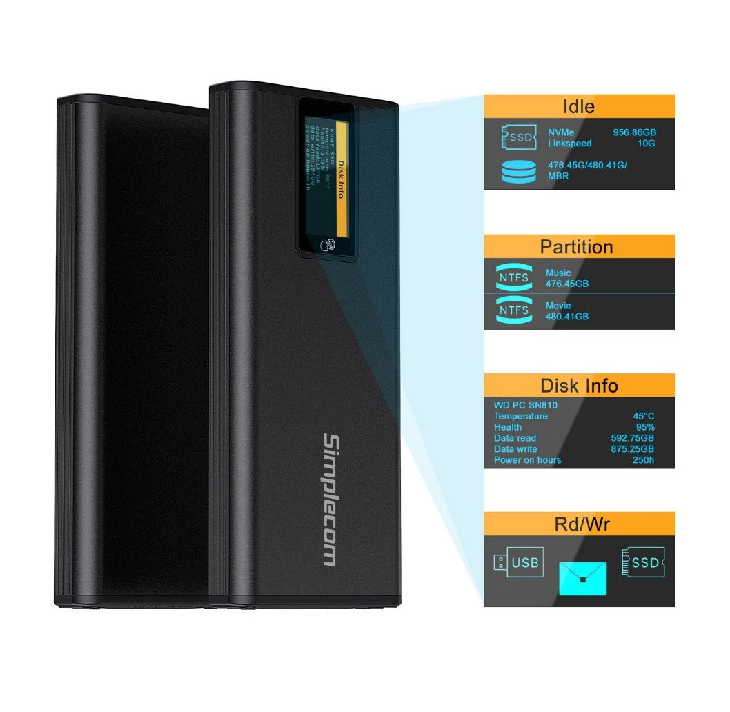 Simplecom SE530 NVMe SATA M.2 SSD to USB-C Enclosure with SMART LED Screen USB 3.2 Gen2 10Gbps