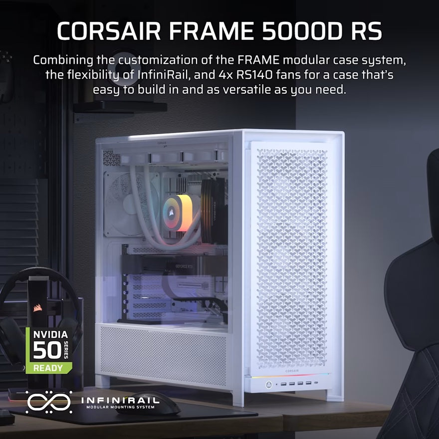 Corsair FRAME 5000D RS White ATX High Airflow Mid-Tower Case GPU 450mm CPU 175mm 4x RS140 Fans USB-C