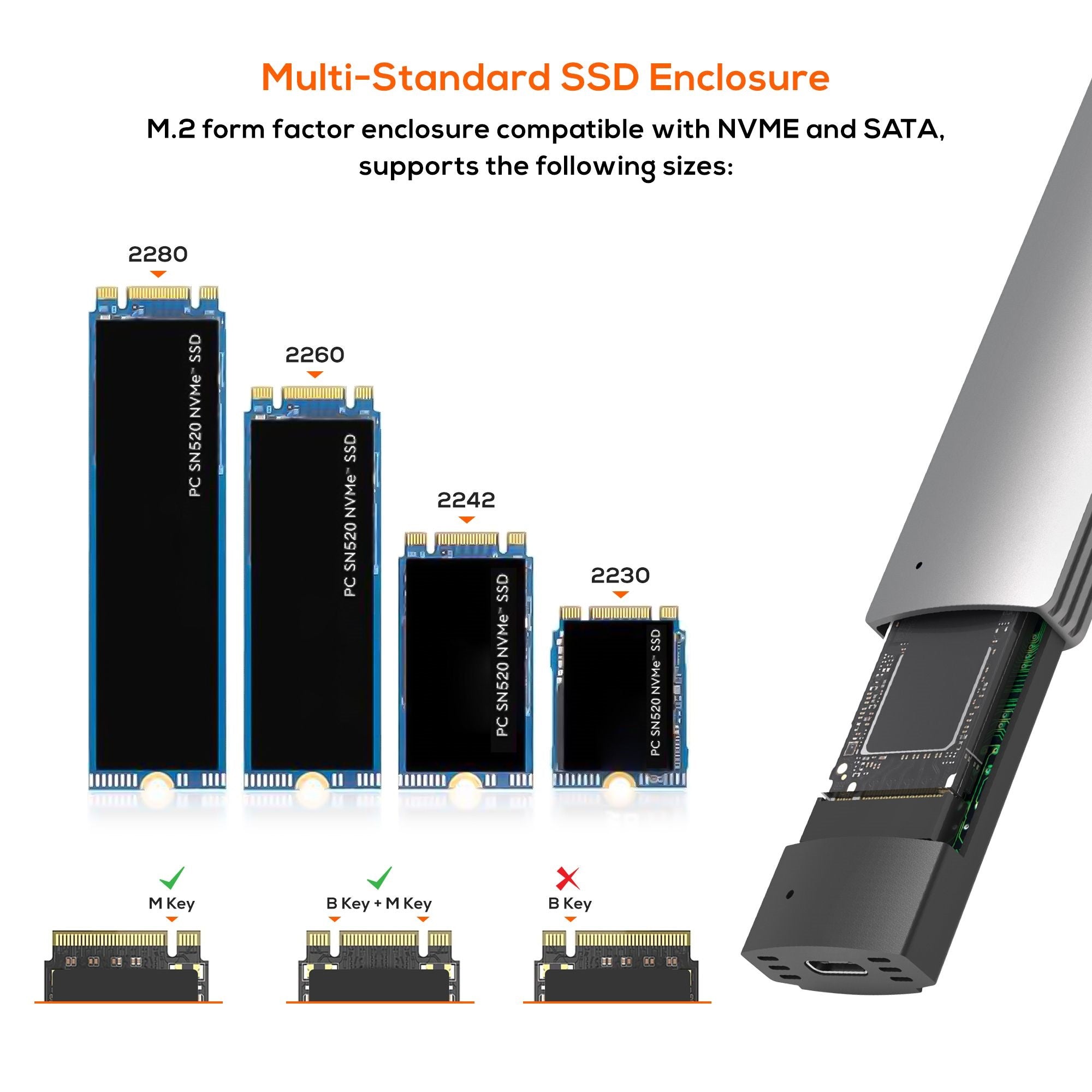 mbeat 10Gbps M.2 NVMe SATA SSD Enclosure up to 4TB USB-C with 2-in-1 Cable Grey