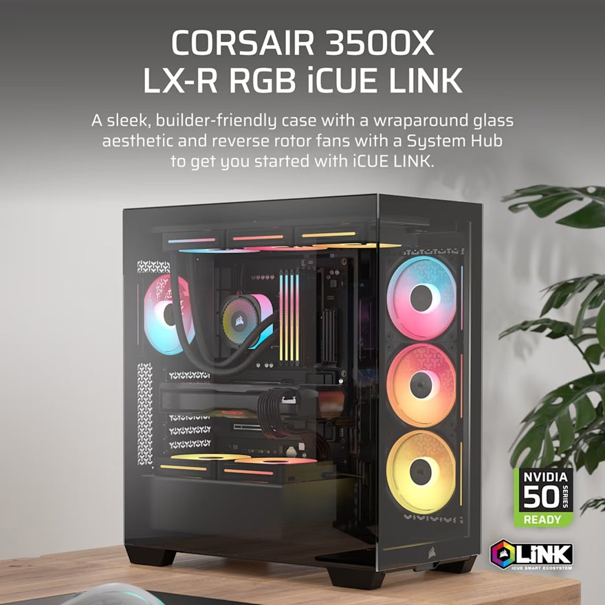 Corsair 3500X LX-R RGB Black iCUE LINK E-ATX Mid-Tower Side 360mm Rad Glass Panels USB-C GPU 425mm