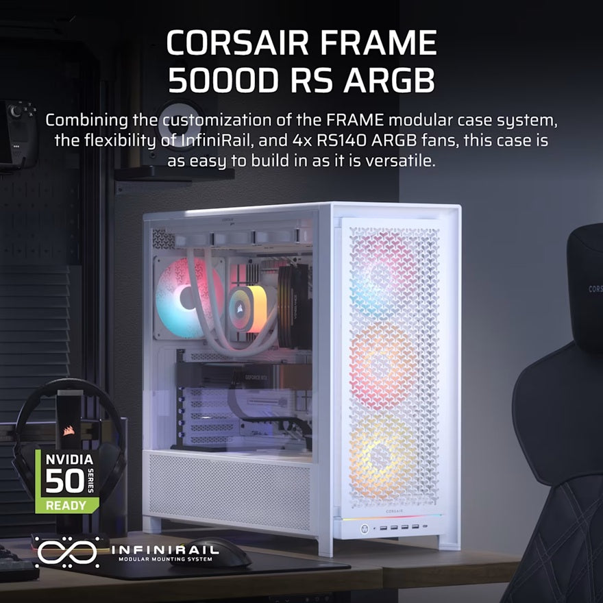 Corsair FRAME 5000D RS ARGB White ATX High Airflow Mid-Tower Case GPU 450mm CPU 175mm 4x RS140 ARGB