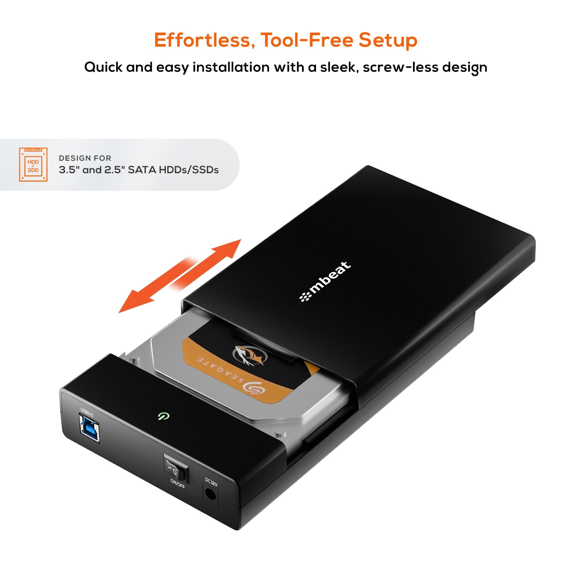 mbeat C1 Tool-Free USB 3.0 3.5" and 2.5" SATA HDD Enclosure Black 5Gbps 12V Power Supply