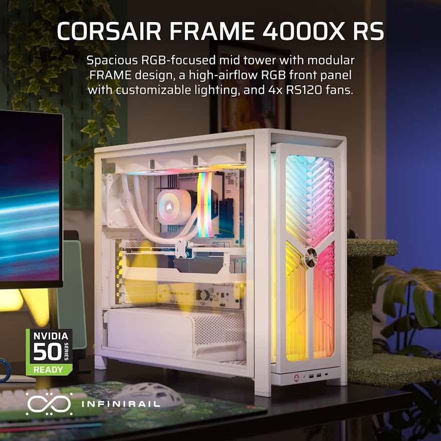 Corsair FRAME 4000X RS White ATX E-ATX Mid-Tower Tempered Glass Case GPU 430mm 360mm Rad USB-C 2YR