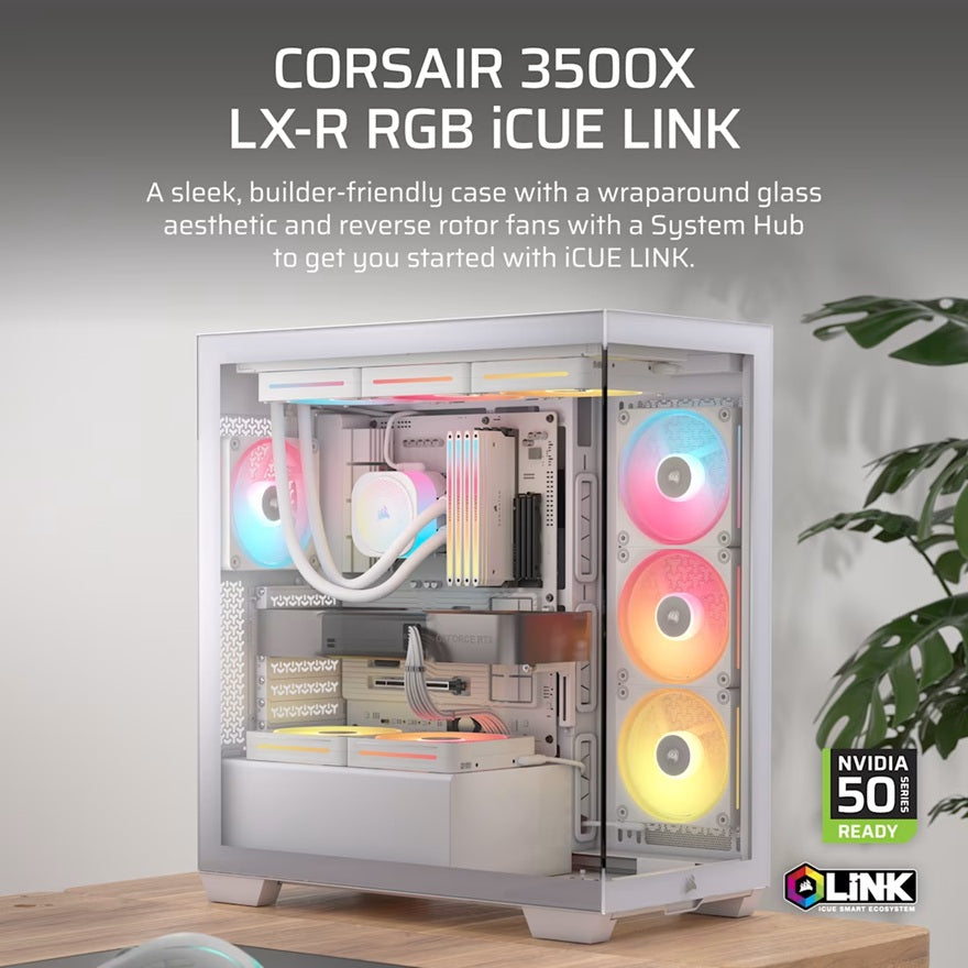 Corsair 3500X LX-R RGB White iCUE LINK E-ATX Mid-Tower Side 360mm Rad Glass Panels USB-C GPU 425mm