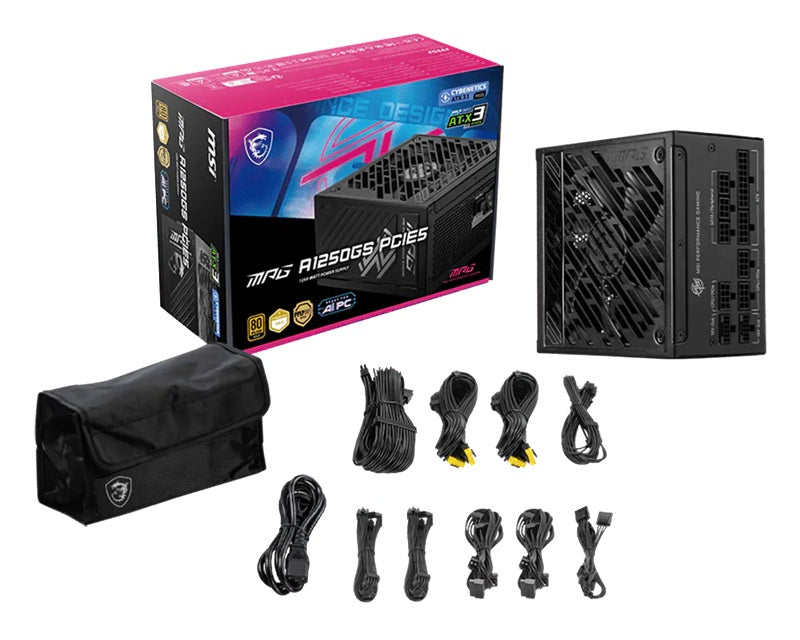 MSI MPG A1250GS PCIe5 1250W 80+ Gold Fully Modular ATX Power Supply 0 RPM Mode Active PFC