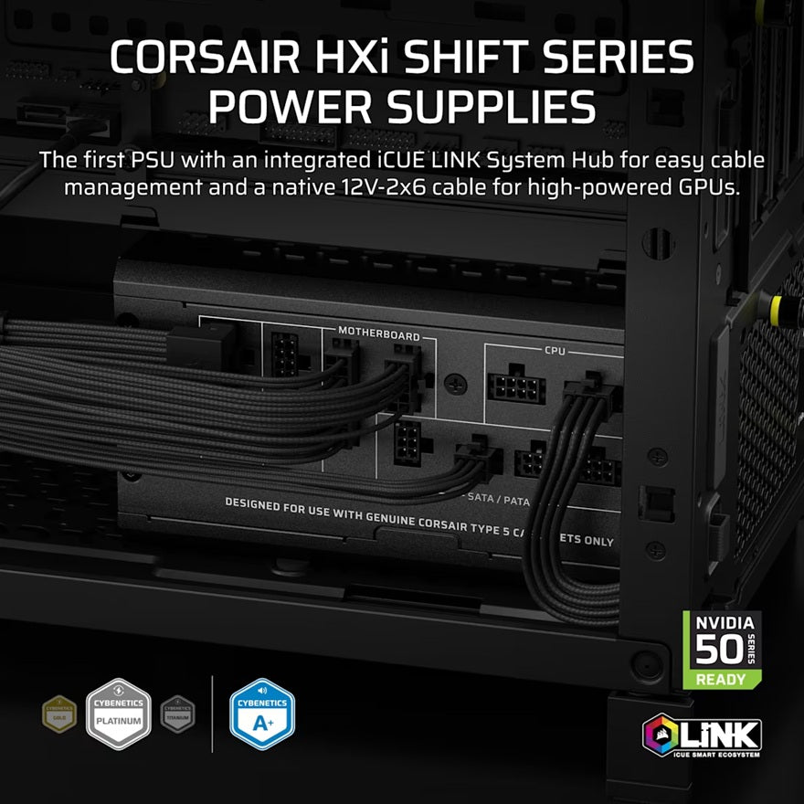Corsair HX1000i SHIFT 1000W Fully Modular 80+ Platinum ATX 3.1 140mm FDB Fan DSP 4x PCIe 10YR Warranty