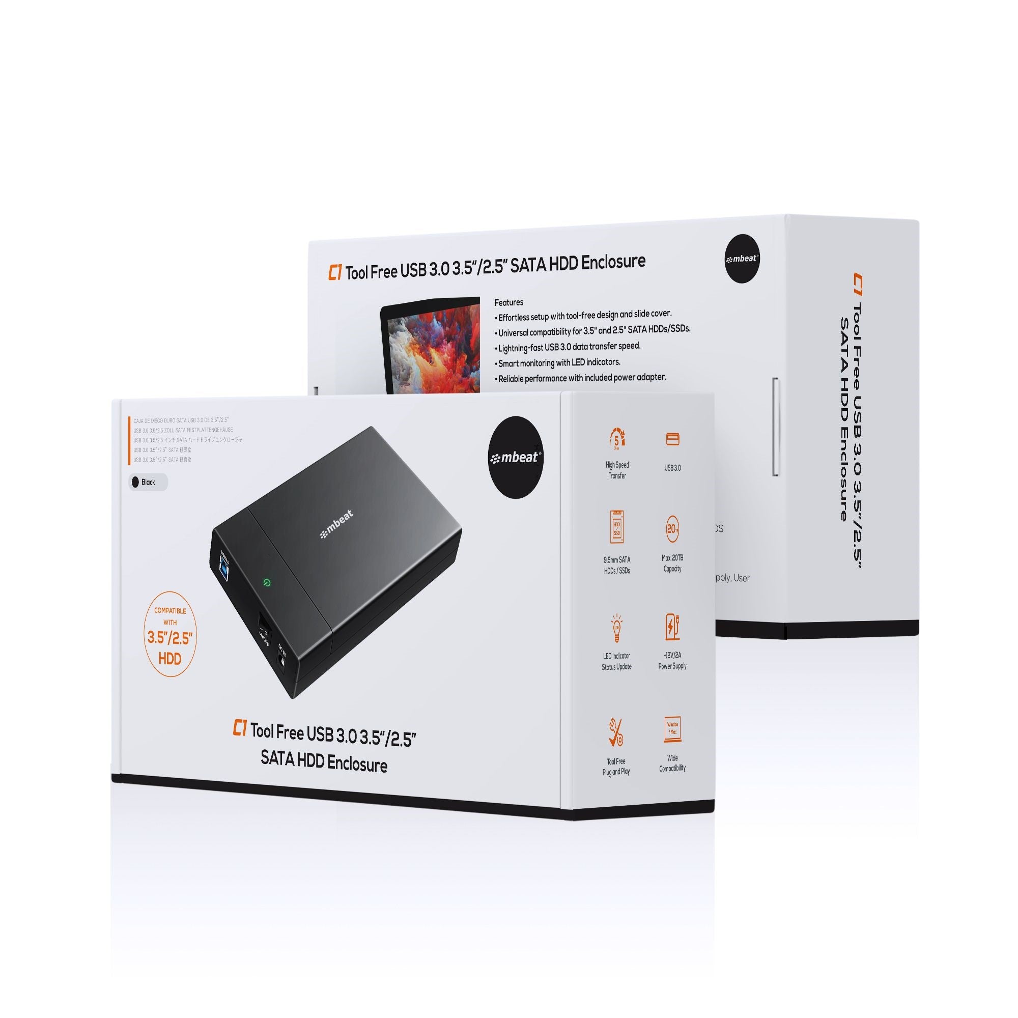 mbeat C1 Tool-Free USB 3.0 3.5" and 2.5" SATA HDD Enclosure Black 5Gbps 12V Power Supply