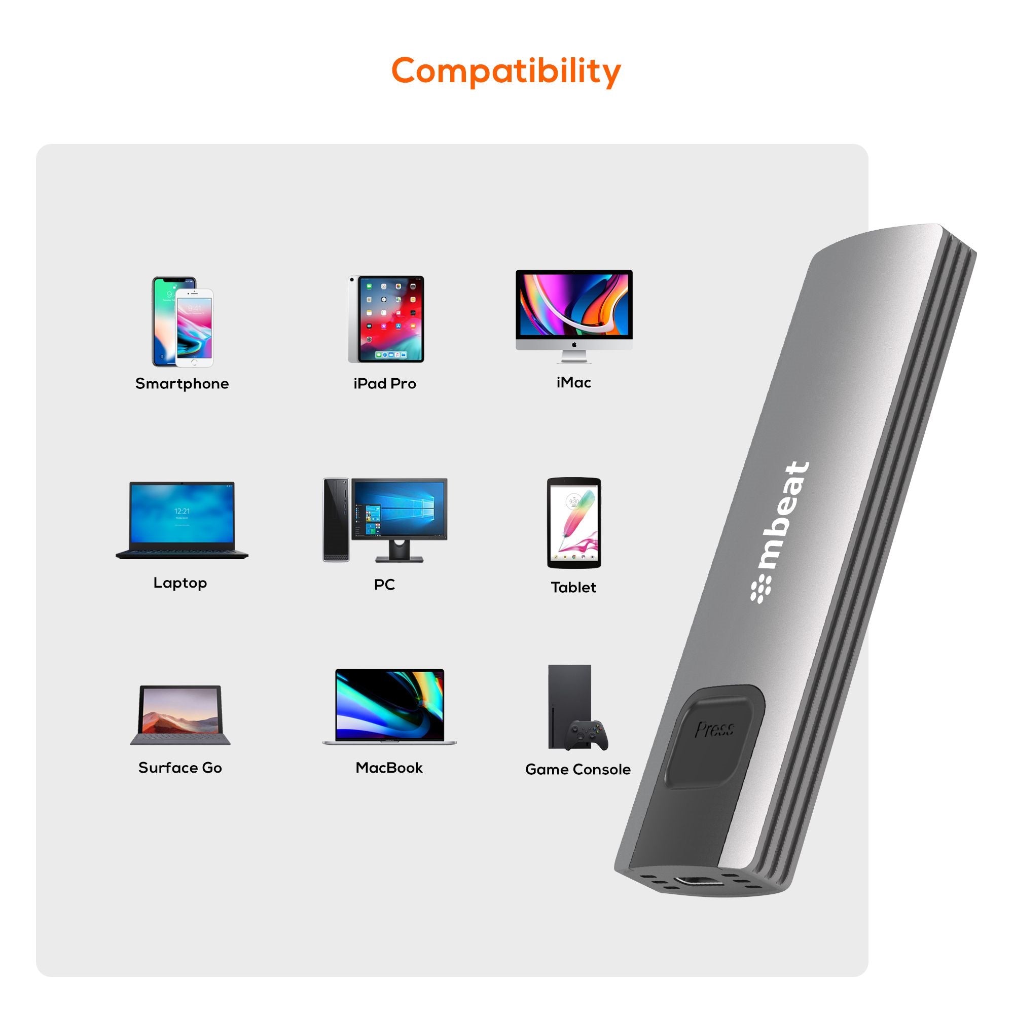 mbeat 10Gbps M.2 NVMe SATA SSD Enclosure up to 4TB USB-C with 2-in-1 Cable Grey