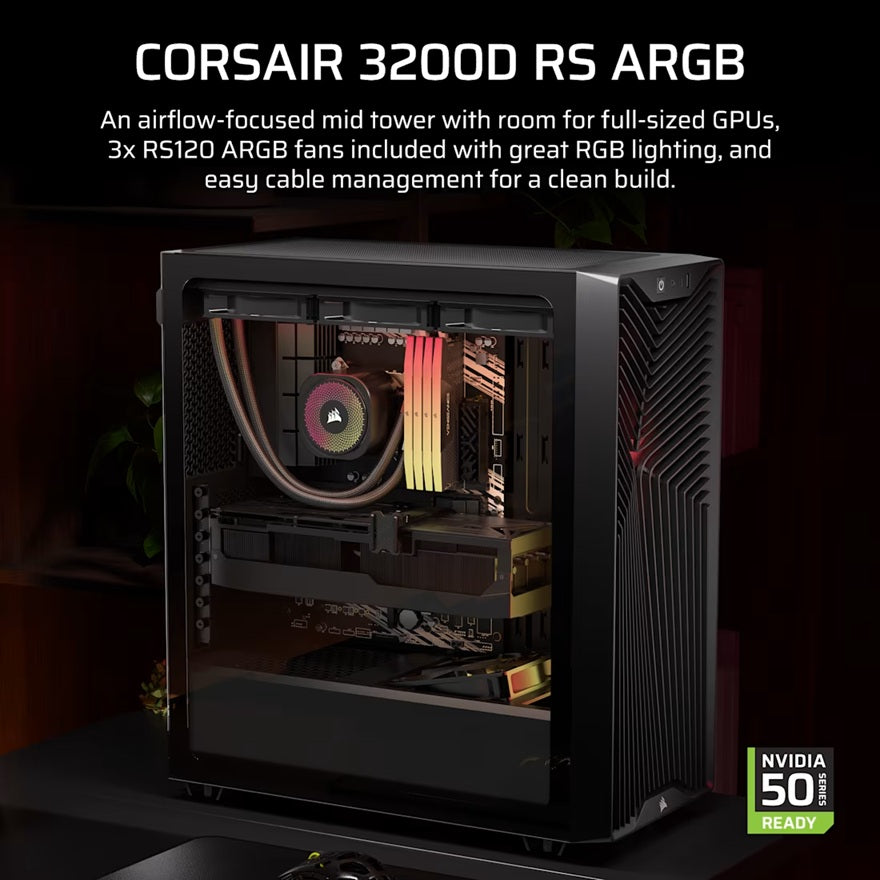 Corsair 3200D RS ARGB Black ATX mATX ITX Mid-Tower Tempered Glass Case GPU 400mm ARGB Fans USB-C 2YR