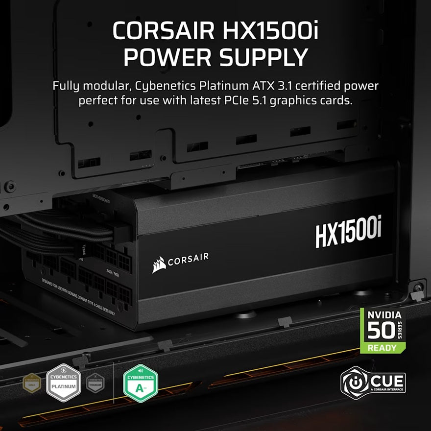 Corsair HX1500i 1500W Fully Modular 80+ Platinum ATX 3.1 Ultra-Low Noise 140mm Fan 8x SATA 5x PCIe