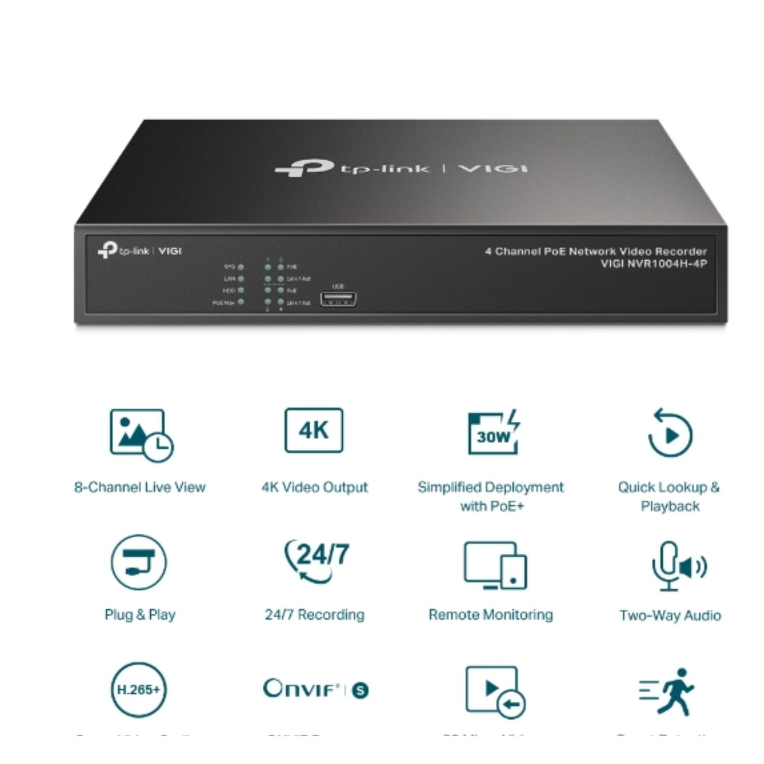 TP-Link VIGI NVR1004H-4P 4 Channel PoE+ Network Video Recorder — 4K HDMI 16MP Decoding 24/7 Recording (HDD Not Included)