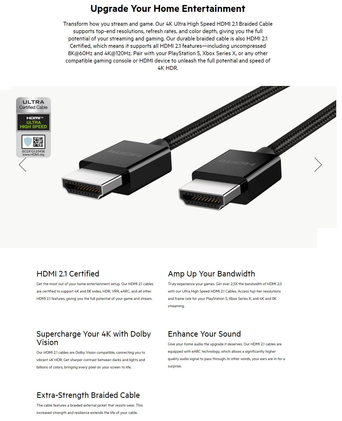 Belkin 8K Ultra High Speed HDMI 2.1 Braided Cable (2M) - Black (AV10176bt2M-BLK), 8k @ 60Hz, 4K @ 120Hz, Dolby Vision, HDR 10, 2 Years Warranty
