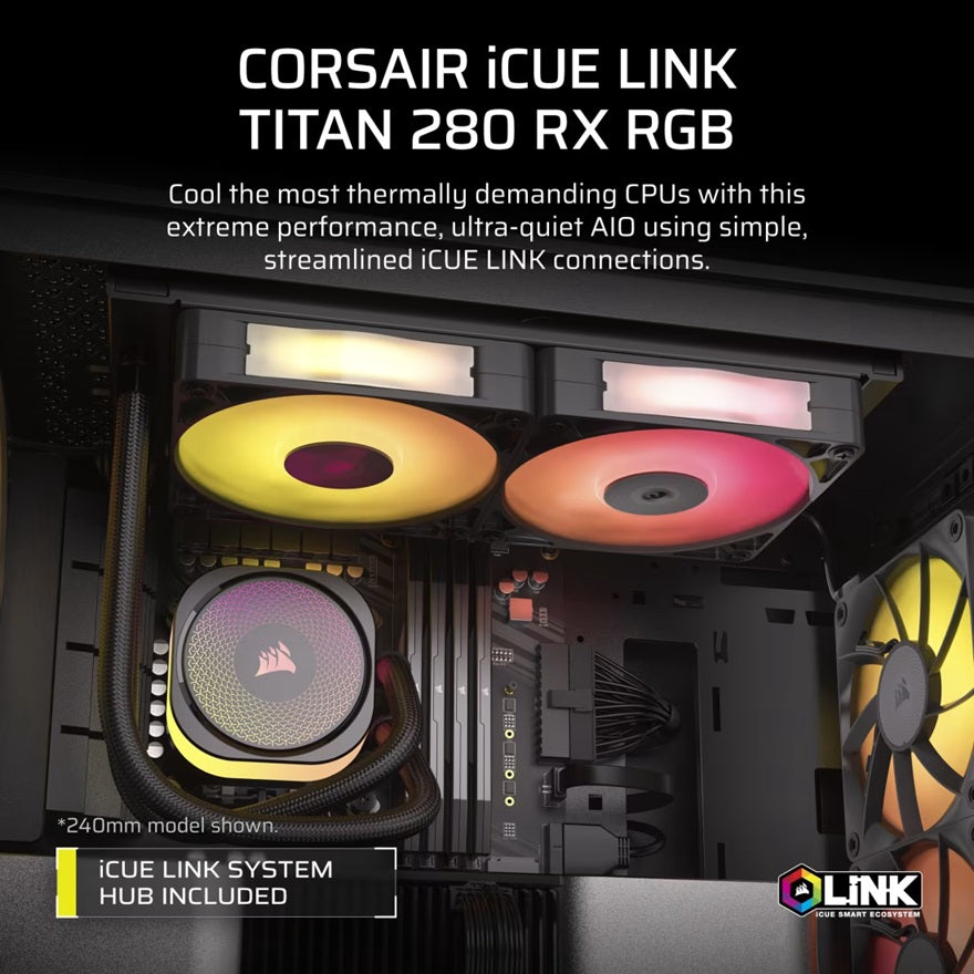 Corsair iCUE LINK TITAN 280 RX RGB AIO Black 280mm Liquid CPU Cooler 94.7CFM 1700RPM Aluminum Rad Intel AMD