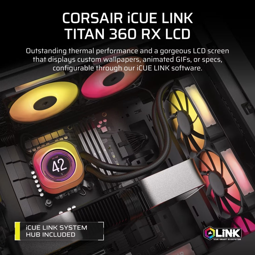Corsair iCUE LINK TITAN 360 RX LCD Black 360mm AIO Liquid CPU Cooler LCD Pump 73.5CFM 2100RPM 36dB Intel AMD